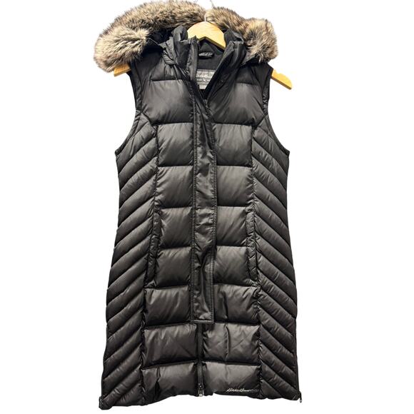 Eddie Bauer Down Jacket Womens Small Black Full Zip Long Vest Removable Faux Fur - Picture 1 of 10